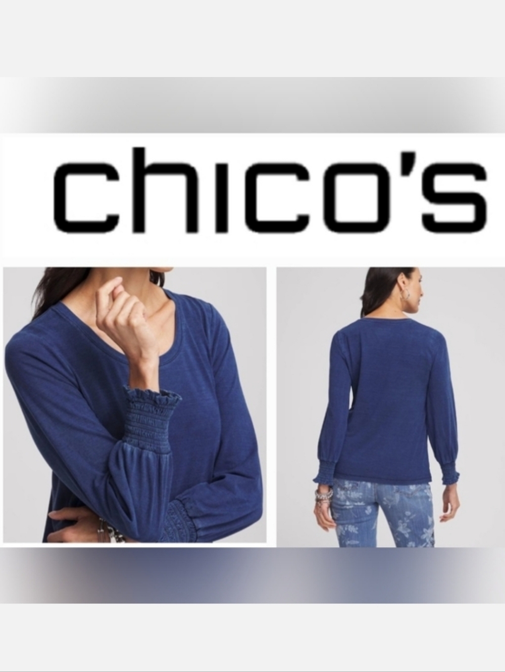CHICO'S Long Sleeve Knit Top Navy Faux Denim Smocked Sleeve Sz 4 XXL NWT